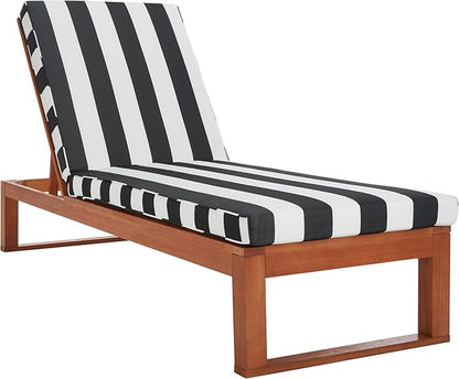 SAFAVIEH Outdoor Collection Solano Natural Brown Solid Wood/Navy Blue & White Stripe Cushion Patio Adjustable Chaise Lounge Chair (PAT7024H)