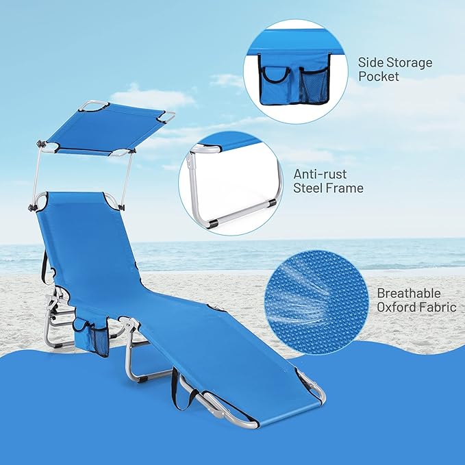 Giantex Outdoor Folding Chaise Lounge, Portable Tanning Chair with 5 Adjustable Positions, 360°Rotatable Canopy Shade - Photo 9