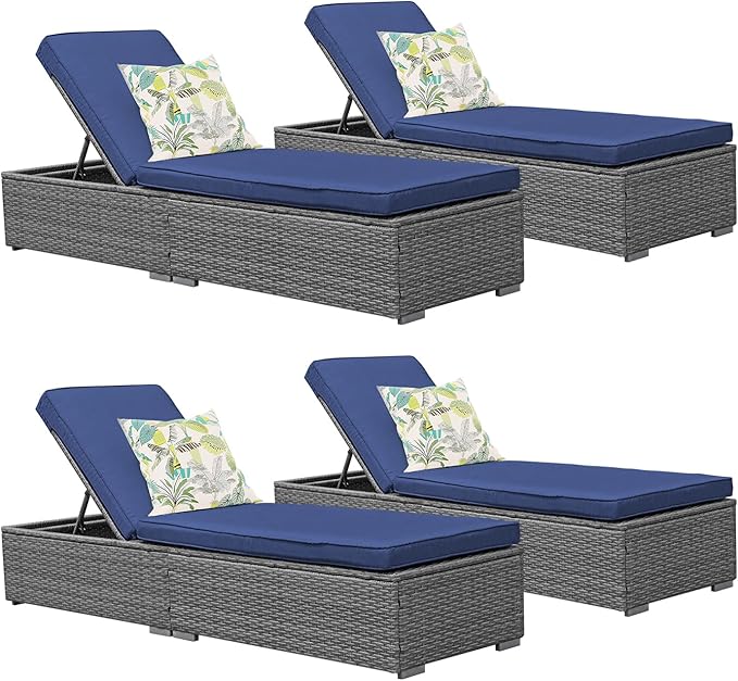Patiorama Outdoor Patio Chaise Lounge Chair, Elegant Reclining Adjustable Pool Rattan Chaise Lounge Chair with Cushion, Grey PE Wicker, Steel Frame, Blue, Set of 4