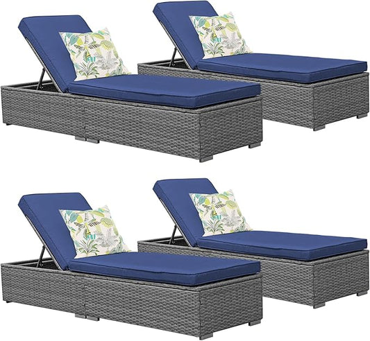 Patiorama Outdoor Patio Chaise Lounge Chair, Elegant Reclining Adjustable Pool Rattan Chaise Lounge Chair with Cushion, Grey PE Wicker, Steel Frame, Blue, Set of 4