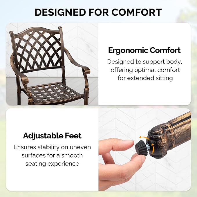 VINGLI Patio Chairs Set of 4 - Stackable Outdoor Cast Aluminum Dining Chairs with Vintage Bronze Finish and Diamond Pattern, Metal Armchairs for Poolside, Backyard, Balcony (No Cushion)