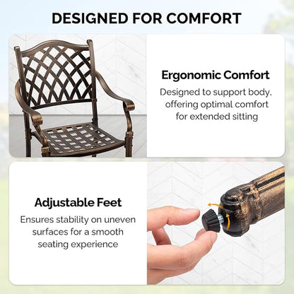VINGLI Patio Chairs Set of 4 - Stackable Outdoor Cast Aluminum Dining Chairs with Vintage Bronze Finish and Diamond Pattern, Metal Armchairs for Poolside, Backyard, Balcony (No Cushion)
