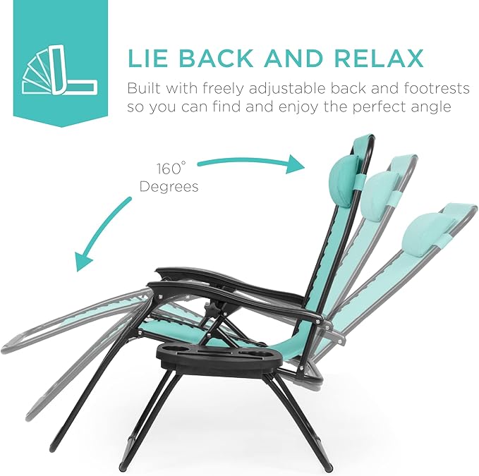 Best Choice Products Set of 2 Adjustable Steel Mesh Zero Gravity Lounge Chair Recliners w/Pillows and Cup Holder Trays - Photo 4