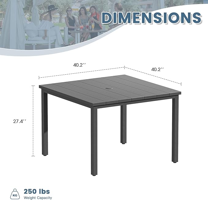 DIFY 40.2" Square Outdoor Dining Table for 4, Slatted Metal Patio Table with Adjustable Umbrella Hole, All-Weather Patio Dining Table for Garden Backyard Deck, Grey Tabletop