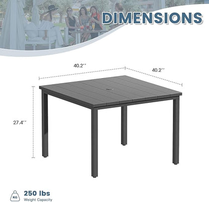 DIFY 40.2" Square Outdoor Dining Table for 4, Slatted Metal Patio Table with Adjustable Umbrella Hole, All-Weather Patio Dining Table for Garden Backyard Deck, Grey Tabletop