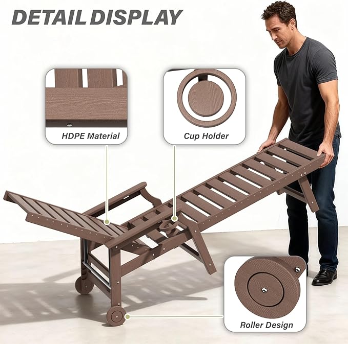 5-Position Adjustable Patio Chaise Lounge - 78'' HDPE Outdoor Lounger with Rolling Wheels & Cup Holder, Longer, Wider, Higher - Perfect for Poolside & Deck, Brown, 4pcs