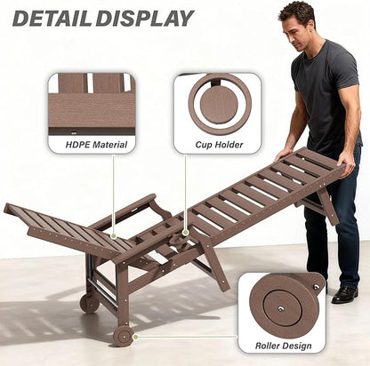 5-Position Adjustable Patio Chaise Lounge - 78'' HDPE Outdoor Lounger with Rolling Wheels & Cup Holder, Longer, Wider, Higher - Perfect for Poolside & Deck, Brown, 4pcs