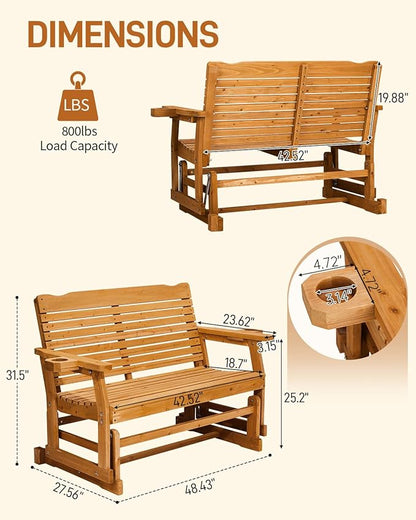 Outvita Patio Glider with Cup Holders, Wooden Outdoor Glider Bench with High Roll Back & Deep Contoured Seat, Smooth Porch Glider Loveseat Heavy Duty 800 Lbs, Teak Brown