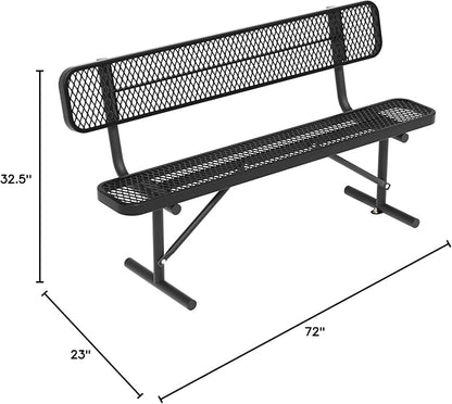 6 FT Heavy Duty Park Bench, Outdoor Metal Black Bench with Back-Commercial Steel Benches for Outside, 2-4 Person Seat-Garden Benches with Portable Frame for Outdoors