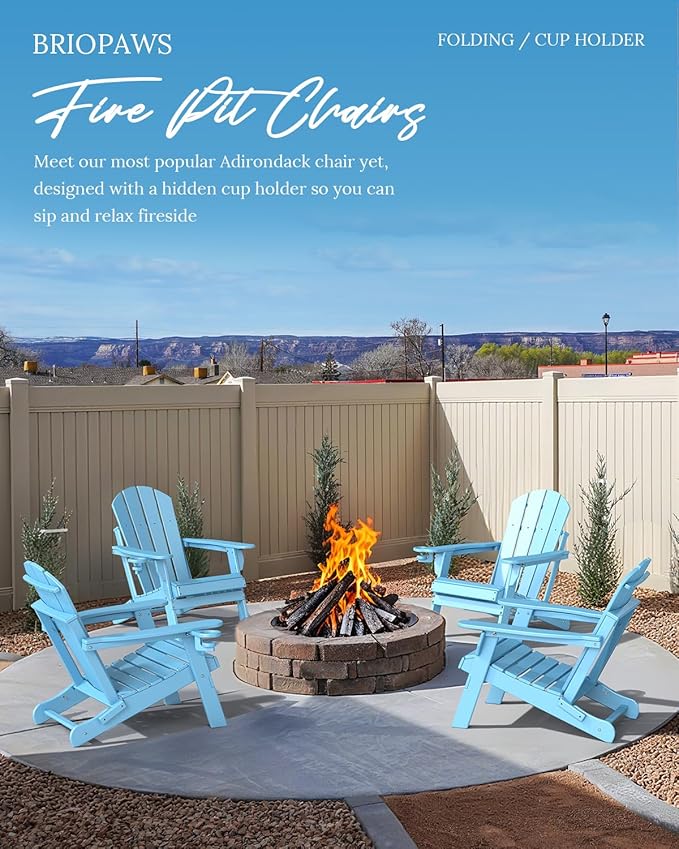 BRIOPAWS Folding-Adirondack-Chairs Set of 2 | HDPE | Fire Pit Chair | Cup Holder | Weather Resistance | Arctic | for Outdoor Backyard Deck Patio