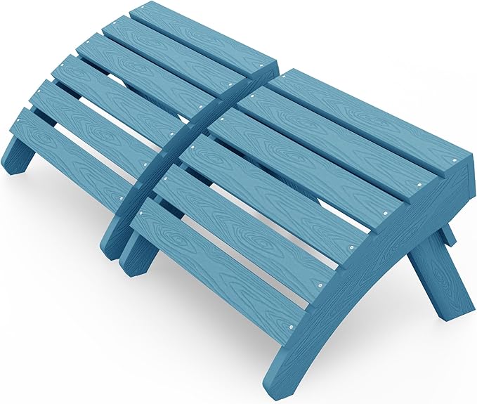 MXIMU Folding Adirondack Ottoman Set of 2: HIPS Plastic Outdoor Footrest Easy Assembly - All Weather Foot Rest Foot Stool for Adirondack Chair Use in Patio Garden Backyard Pool (Blue)
