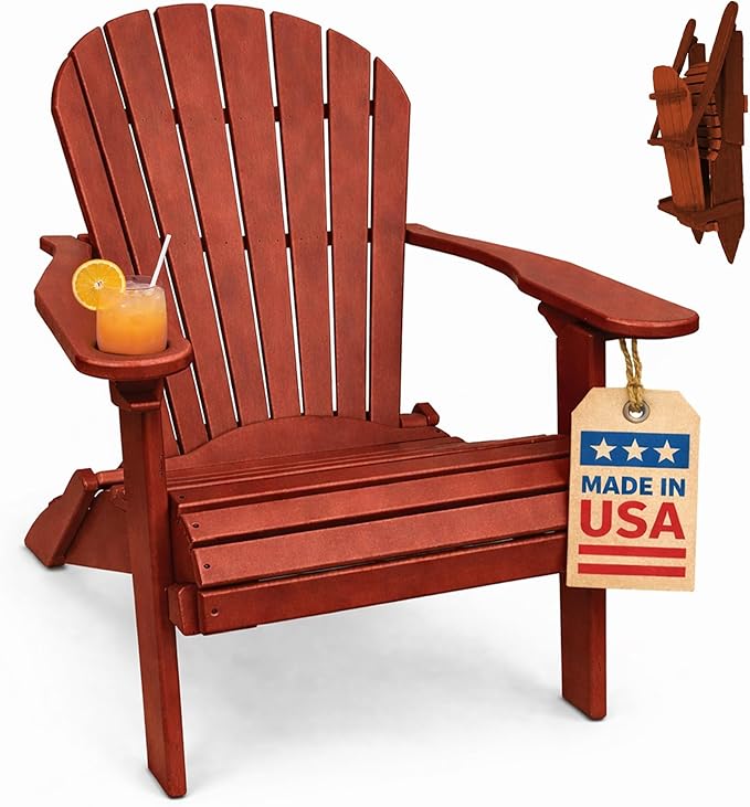 Ecommersify Folding Adirondack Chair with Cup Holder - (Cherrywood) - Heavy Duty Recycled Poly Lumber Folding Chair - Amish Crafted Outdoor Furniture - Made in USA