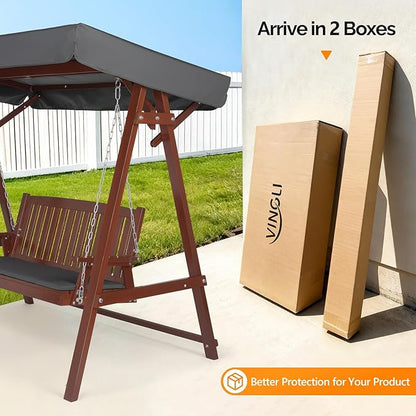 VINGLI Porch Swing with Stand, Wooden Swing & Stand with Canopy, Hanging Swing Chair with Stand for Garden, Patio and Yard (Brown)