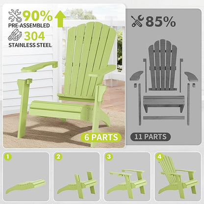 Psilvam Adirondack Chair, Oversized Poly Lumber Fire Pit Chair with Cup Holder, 350Lbs Support Patio Chairs for Garden, Weather Resistant Adirondack Chair Looks Like Real Wood (4, Green)