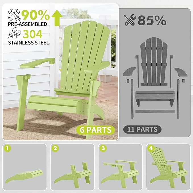 Psilvam Adirondack Chair, Oversized Poly Lumber Fire Pit Chair with Cup Holder, 350Lbs Support Patio Chairs for Garden, Weather Resistant Outdoors Seating, Relaxing Gift for Father & Mother (1, Green)