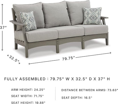 Signature Design by Ashley Visola Outdoor Patio Sofa with All-Weather Cushion and 2 Throw Pillows, Cleanable Performance Fabric, 19.88" Seat Height, Gray
