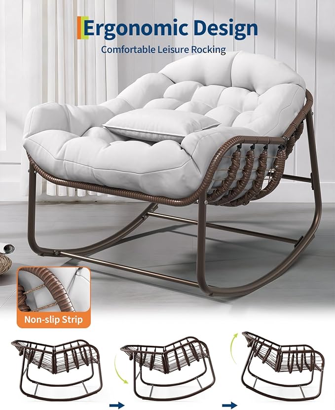 GarveeLife Outdoor Papasan Rocking Chair, Oversized Wicker Lounge Chair with Cushion and Metal Frame, Patio Rattan Egg Rocker for Balcony Backyard Porch Bedroom, White
