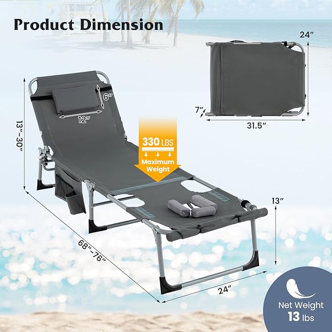 Giantex Set of 2 Tanning Chair, 5-Position Adjustable Beach Chair with Face & Arm Hole, Hand/Shoulder Strap, Removable Pillow, Side Pocket, Load 330 Lbs, Sunbathing Chairs, Lounge Chairs Outdoor, Grey