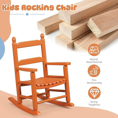 Outvita Kids Rocking Chair, Ergonomic Sturdy Toddler Rocking Chair with High Backrest & Rounded Armrests, Safe Solid Wood Baby Rocker Chair for Age 3-6, Outdoor, Living Room, Reading Room(Orange)