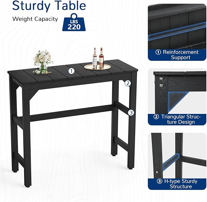 3 Piece Outdoor Bar Set, 42" Rectangular Pub Height High Top Bar Table & 2 Outdoor Bar Stools for Patio, Garden - Photo 6