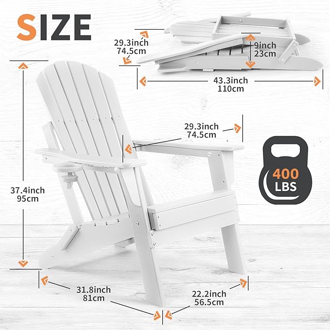 FUNBERRY Folding Adirondack Chair Set of 3, All Weather HDPE Fire Pit Chairs with Cup Holder for Outdoor - Photo 3