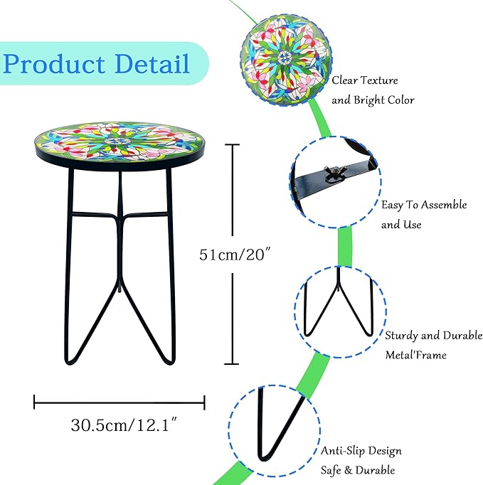 Mosaic Bird Outdoor Side Tea Table, Glass Plant Tables Indoor Decorative Metal Patio Table, Valentine's Day Outdoor Tables Unique Furniture - Weather-Resistant Patio Valentine's Day Decor