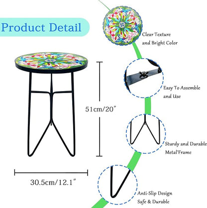 Mosaic Bird Outdoor Side Tea Table, Glass Plant Tables Indoor Decorative Metal Patio Table, Valentine's Day Outdoor Tables Unique Furniture - Weather-Resistant Patio Valentine's Day Decor