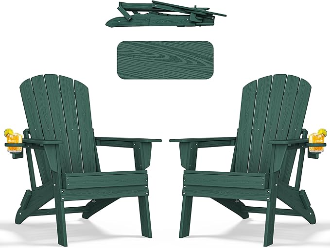 nevilywood Folding Adirondack Chairs Set of 2, All-Weather Fade-Resistant Design with Cup Holders, Great for Patio, Balcony & Outdoor Spaces,Green