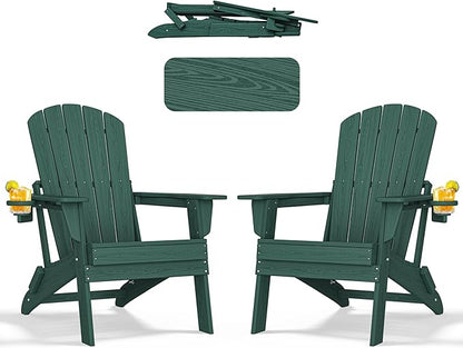 nevilywood Folding Adirondack Chairs Set of 2, All-Weather Fade-Resistant Design with Cup Holders, Great for Patio, Balcony & Outdoor Spaces,Green