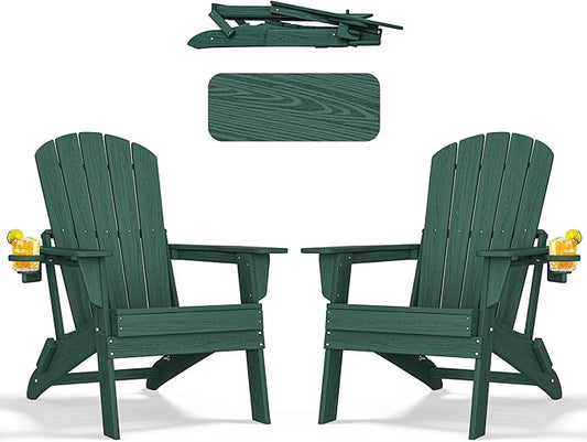 nevilywood Folding Adirondack Chairs Set of 2, All-Weather Fade-Resistant Design with Cup Holders, Great for Patio, Balcony & Outdoor Spaces,Green