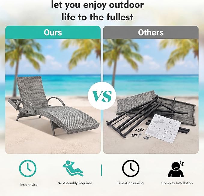 80'' Outdoor Wicker Chaise Lounge Chairs Set of 2, Patio Rattan Reclining Chair with Pull-Out Side Table - Photo 4