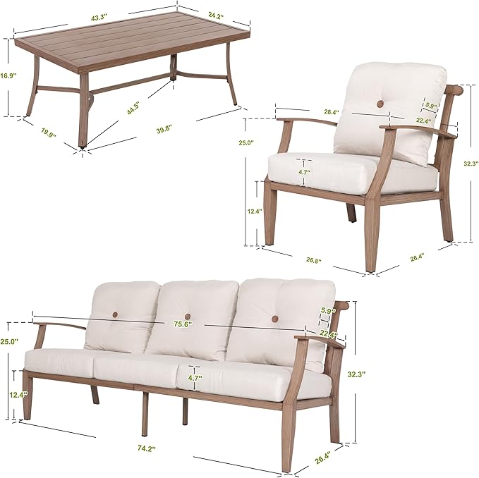 Outdoor Aluminum Conversation Sofa Set, 4-Piece Patio Sofa with Zippered Cushion and Coffee Table, for Porch Garden Backyard Balcony and Poolside, Beige
