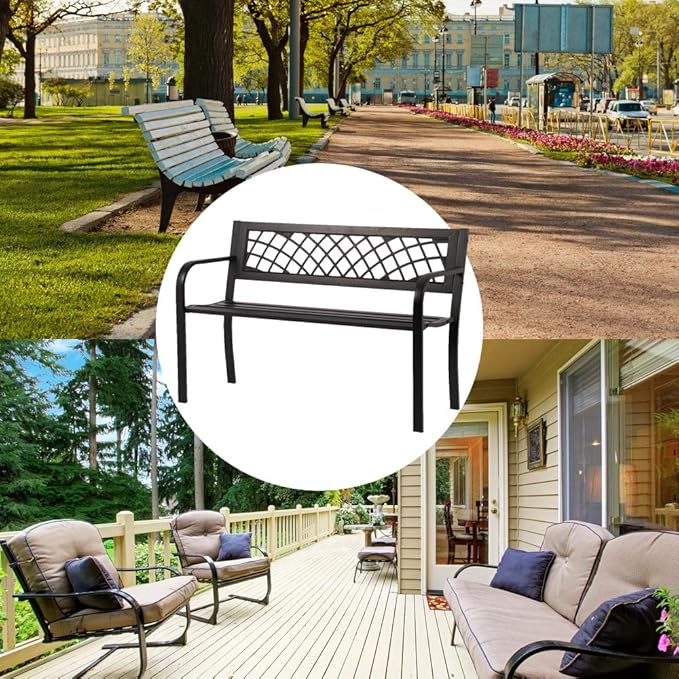 Garden Bench Metal Sturdy Cast Iron Porch Chair Seat Furniture with Armrests 480BLS Bearing Capacity for Park Yard Deck Entryway, 45.5"(L) x21.7(D) x30(H), Black