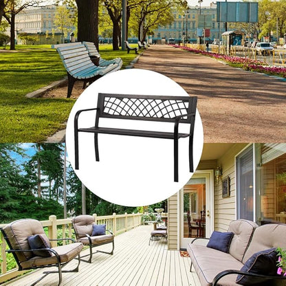 Garden Bench Metal Sturdy Cast Iron Porch Chair Seat Furniture with Armrests 480BLS Bearing Capacity for Park Yard Deck Entryway, 45.5"(L) x21.7(D) x30(H), Black