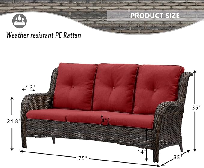 HUMMUH Outdoor Furniture 6 Pieces Patio Furniture Set Wicker Outdoor Sectional Sofa with 2 Patio Chairs,Ottomans,Coffee Table(Brown/Red)