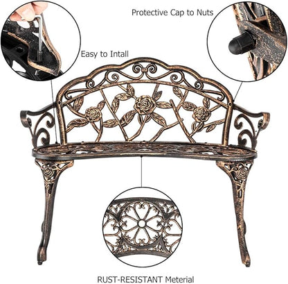 38.5" Patio Park Garden Outdoor Metal Rose Bench,Cast Iron Cast Aluminium Frame Antique Finish Chair,Accented Lawn Front Porch Path Yard Decor Deck Furniture for 2 Person Seat（Bronze