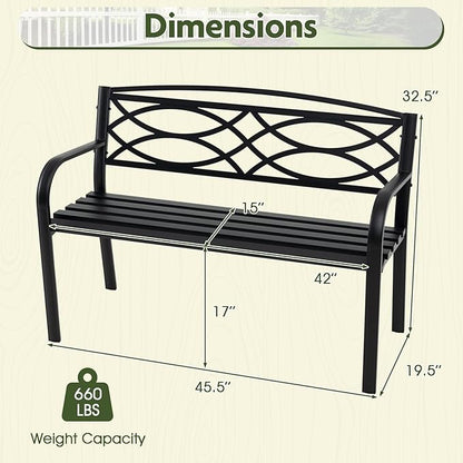 Giantex Outdoor Bench, 45.5” Patio Garden Bench with Backrest, Curved Armrests, Heavy-Duty Metal Frame, Slatted Seat, Outside Patio Seating Furniture for Backyard, Poolside, Porch, Park