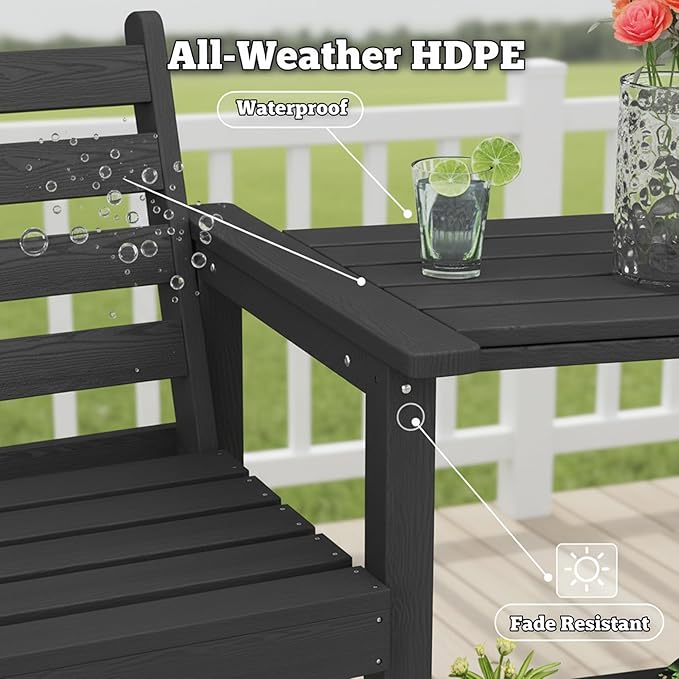 GLANC Tall Adirondack Chairs Set of 2, All Weather Resistant HDPE Bar Height Balcony Adirondack Chair with Removable Connecting Trays, Outdoor Adirondack Barstools for Deck Patio Pool Lawn (Black)