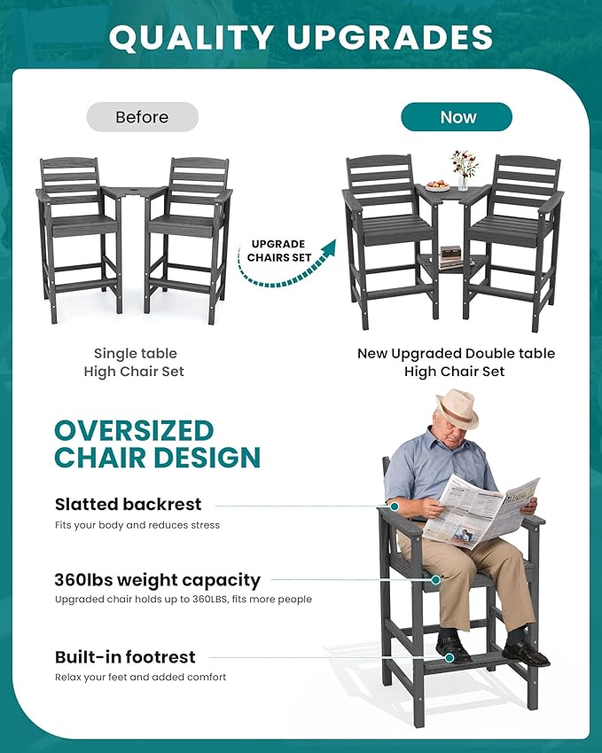 SERWALL Tall Adirondack Chairs Set of 2 with Connecting Table, Grey