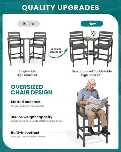 SERWALL Tall Adirondack Chairs Set of 2 with Connecting Table, Grey
