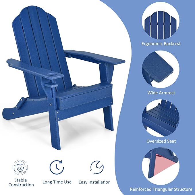 Tangkula Outdoor Folding Adirondack Chair, HDPE Armchairs with Cup Holder, Weather Resistant Lounger Chair for Patio Garden Fire Pit Backyard, Lawn Porch Seating, Adirondack Lounger (4, Navy)