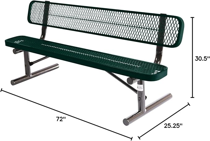 COATEDOUTDOORFURNITURE Heavy-Duty Portable Outdoor Bench Thermoplastic Coated, Expanded Metal, Commercial-Grade Seating, Made in America (Portable with Back, 6 Ft, Dark Green)