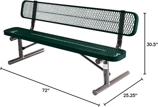 COATEDOUTDOORFURNITURE Heavy-Duty Portable Outdoor Bench Thermoplastic Coated, Expanded Metal, Commercial-Grade Seating, Made in America (Portable with Back, 6 Ft, Dark Green)