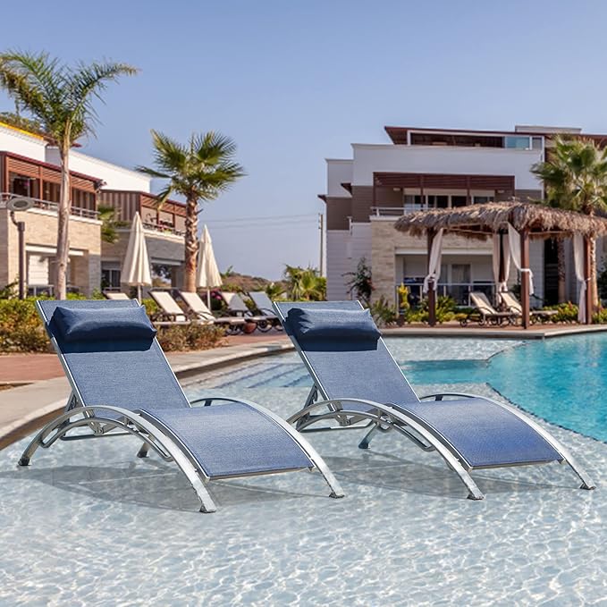 domi outdoor living Domi Lounge Chair Set of 2, Aluminum Lounge Chairs for Outside with 5 Adjustable Positions, Chaise Lounge Outdoor for Pool, Garden, Beach, Camping, Backyard (Blue) (LLFT0586-B)