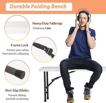 6FT Plastic Folding Bench Outdoor Bench Garden Bench Plastic Portable Bench with Carrying Handle for Picnic Camping Dining Party 1 Pack White