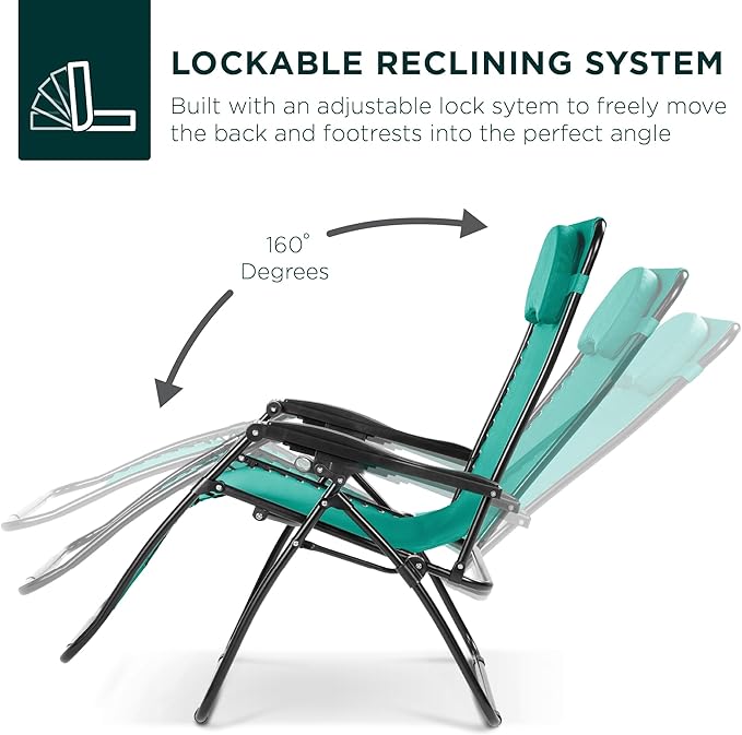 Best Choice Products Oversized Zero Gravity Chair, Folding Outdoor Patio Lounge Recliner w/Cup Holder Accessory Tray, Pillow - Mint