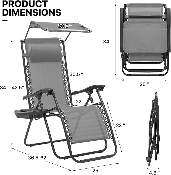 MoNiBloom Zero Gravity Chair with Canopy Shade, Patio Anti Gravity Recliner - Photo 3