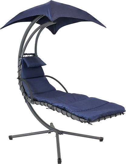 Sunnydaze Floating Chaise Lounger Swing Chair with Umbrella Canopy - Curved Steel Hammock Lounge Chair with Cushion and Pillow - Removable Cushion and Umbrella Shade - 82-Inch Tall - Navy Blue