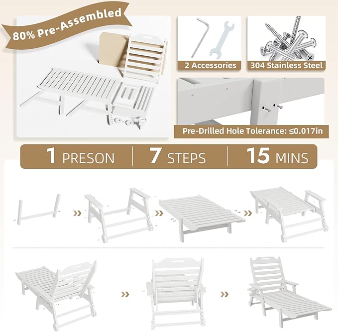Mdeam 6-Position Lounge Chair Outdoor, 22" W Oversized Sun Tanning Chair, 500LBS Capacity - Photo 8