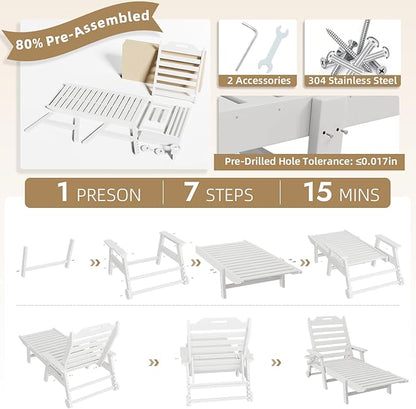 Mdeam 6-Position Lounge Chair Outdoor, 22" W Oversized Sun Tanning Chair, 500LBS Capacity, HDPE All-Weather Patio Lounge Chaise with Wheels Cup Holder for Pool Beach Backyard Lawn Deck, White